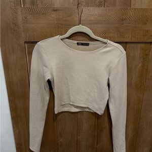 Zara Beige Long Sleeve Crop Top